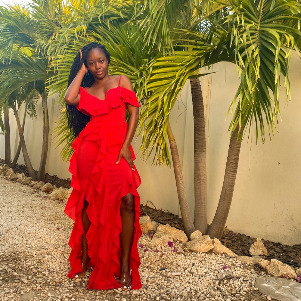 COPY - Red off should ruffle maxi dress